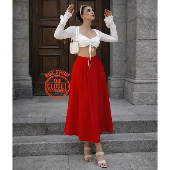 ZARA Blogger Fave Bright Red A-Line High Waist Midi Skirt NWT - Picture 6 of 16